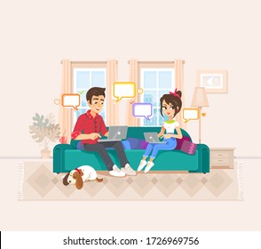 Young adult man and woman work remotely staying at home and use a portative computers. People sitting on couch with laptop graphic flat vector illustration