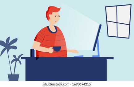 Young adult man working at home vector concept illustration. Stay at home and social distancing to avoid virus pandemic spreading. 
