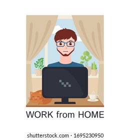 Young adult man working at home with computer in flat style. Freelancer male character with cat and a cup of tea or coffee.Home office concept.Vector illustration.