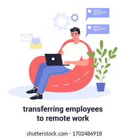 Young adult man working from home. Male character working from home with laptop sitting in armchair. Quarantine and remote work concept. 2019-nCoV, pandemic global impact. Isolated vector illustration