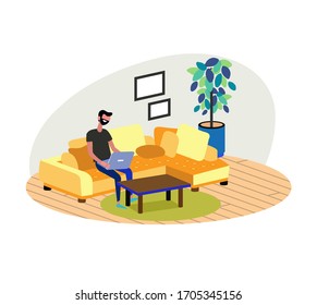 Young Adult Man Working At Home. Vector Concept Illustration.