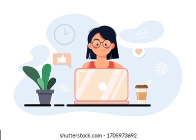 Young adult man working at home vector concept illustration. Freelancer character working from home with laptop sitting in cozy armchair with a cup of hot tea or coffee. Home office. Remote work.