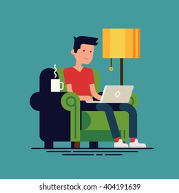 Young adult man working at home vector concept illustration. Freelancer character working from home with laptop sitting in cozy armchair with a cup of hot tea or coffee. Home office. Remote work