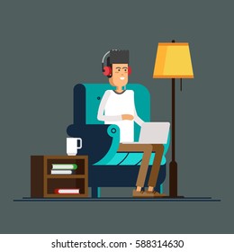 Young adult man working at home vector concept illustration. Freelancer character working from home with laptop sitting in cozy armchair with a cup of hot tea or coffee. Home office. Remote work