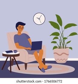 Young adult man works remotely home. Cartoon freelancer with laptop is sitting in chair. Remote work in home office. Vector flat illustration