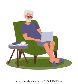 Young adult man works remotely home. Cartoon freelancer with laptop is sitting in chair. Remote work in home office. Vector flat illustration