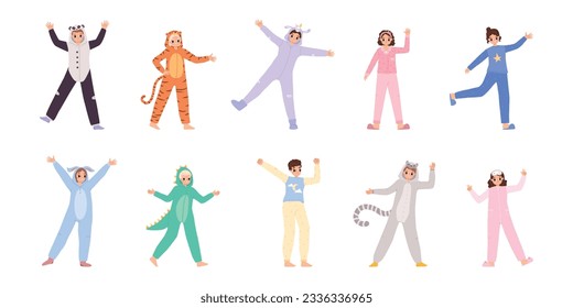 Young adult pajama party characters. Cartoon teenagers in costumes and pajamas, drem festival or home celebrate. Snugly girl and boy happy vector set