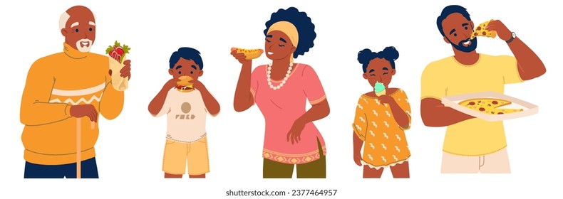 Young adult people and children consuming unhealthy fast junk food vector illustration isolated set on white background. Eating disorder, bad habits and diet problem