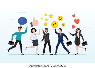 Young adult people giving emoticon feedback such as stars, thumbs up, customer feedback, user experience or client satisfaction, opinion for product and services, review rating or evaluation (Vector)