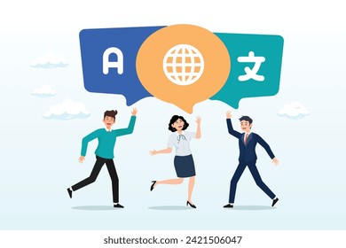Young adult people talking with foreign international language symbol, language learning, translation or international communication, global or multilingual education, foreign diversity (Vector)