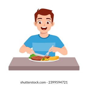 young adult person eating grilled meat steak