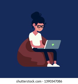 Young adult person sitting on bean bag working on laptop computer. Flat style vector illustration on cheerful genderqueer character uses mobile device in the dark