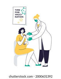 Young adult pregnant woman at the doctor in the hospital is vaccinated. Time for vaccination. Vector illustration doodles, thin line art sketch style concept