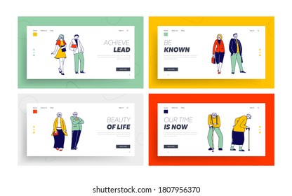 Young, Adult and Senior Couples Landing Page Template Set. People of Different Ages. Youth, Mature and Elderly Ages, Human Generations, Love, Family Relations, Spouses. Linear Vector Illustration