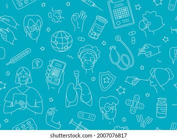 Young adult seniors Patients at the doctor in the hospital are vaccinated. Time for vaccination. Vector illustration doodles seamless pattern background, thin line art sketch style concept