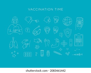 Young adult seniors Patients at the doctor in the hospital are vaccinated. Time for vaccination. Vector illustration doodles set of icons, thin line art sketch style concept