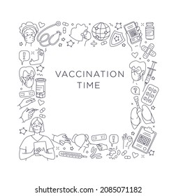 Young adult seniors Patients at the doctor in the hospital are vaccinated. Time for vaccination. Vector illustration doodles pattern border frame background, thin line art sketch style concept