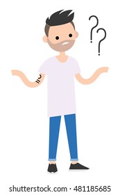 Young adult is shrugging his shoulders and asking a question / editable vector illustration