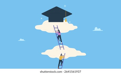 Young adult students climb up ladder to reach graduate mortarboard hat, toga. Degree achievement, graduation or college, university diploma, school or learning classroom, wisdom or scholar.