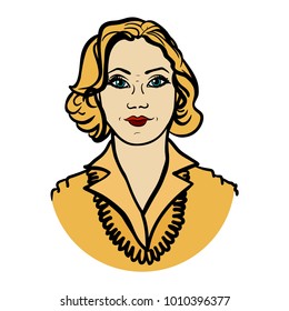 Young adult stylish woman of the 50s. Fashion of the 1950s. Retro portrait of a pretty woman. Vintage clothes, hairstyle and make up. Vector isolated image. Avatar. A design element.