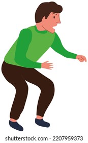 Young Adult Surprised Man Dressed In A Sweater, Pants And Socks. Male Vector Clipart In Comfortable Home Clothes And With A Frightened Face, Isolated On A Transparent Background