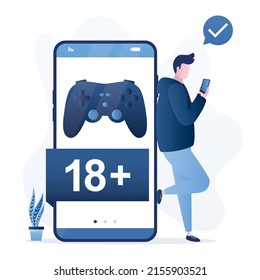 Young adult user standing near big smartphone. Gaming on mobile phone. Age restriction. Game only for adults. 18 plus label and joystick on cellphone screen. Flat vector illustration