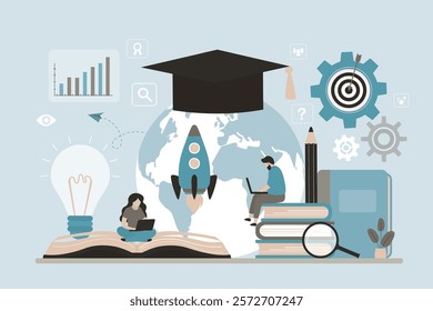 Young adult uses smart gadgets for improve skills, learn new things or develop knowledge for new skills. Creative ideas, various books and rocket take off. Graduation hat on globe. Education. vector