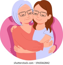 Young adult woman daughter hugging senior mother love family concept