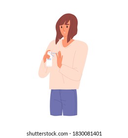 Young adult woman holding antibacterial spray. Female character using sanitizer. Hand washing, coronavirus prevention, disinfection. Flat vector cartoon illustration on white background