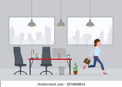 Young Adult Woman In Jeans Pants Running Away From Office At The End Of Working Day Vector Illustration. Fast Moving Forward, Going Home Cartoon Character In Workplace Interior On Cityscape