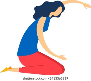 Young adult woman kneeling on the ground stretching her arm in casual clothes, simple modern style. Exercise routine, wellness activity vector illustration.