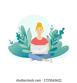 Young adult woman with laptop sitting, working or studying in the park in leaves. Concept of freelancer working on computer in nature. Home office. Vector illustration