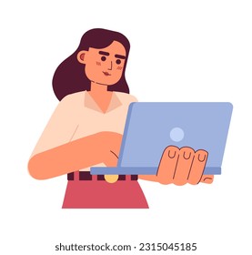 Young adult woman with laptop smiling semi flat colorful vector character. Female secretary working online. Editable half body person on white. Simple cartoon spot illustration for web graphic design