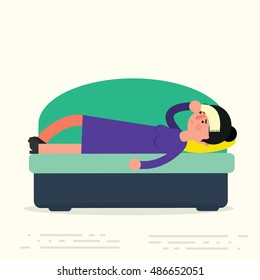 Young adult woman lying on sofa with sickness. Sick female resting or laid up on couch. Illness or desease vector illustration. Girl suffering headache at home in apartment