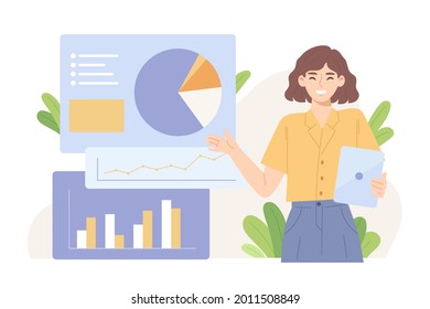 Young Adult Woman Is Presenting Business Turnover Or Business Profits Charts. Concept Of Office Meeting, Conference, Working, Company Strategy, Business And Finance. Flat Vector Illustration Character