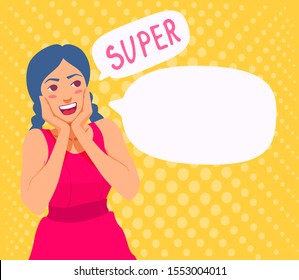 A young adult woman put her hands to her cheeks, looks surprised, delighted. Looks sideways at the blank speech bubble with copy space for text. Vector colorful illustration on a dots background.