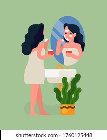Young adult woman is putting skincare product on her face standing wrapped in bath towel in front of bathroom mirror. Skincare routine, mask applying and cosmetics flat vector concept illustration