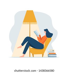 Young Adult Woman Reading Book Relaxing Sitting In Chair Under Lamp And Stack Of Books. Cartoon Female Character Reclining On Sofa And Having Rest At Home. Flat Vector Illustration