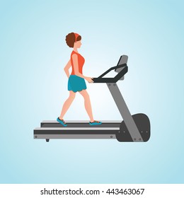 Young adult woman running on treadmill, sport fitness, athletics, healthy lifestyle. Cartoon character Vector illustration.