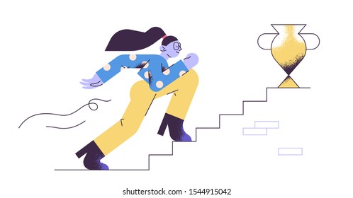 Young adult woman walking up the stairs with golden cup on the top to her goal. Career progression, reaching aim, motivation, aspiration, growth, leadership. Modern vector illustration.