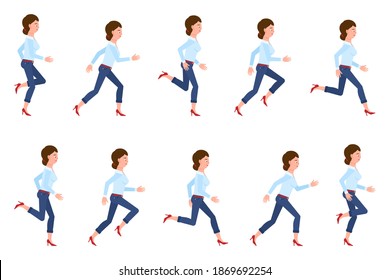 Young, adult woman wearing jeans running sequence poses vector illustration set. Fast moving forward, hurry, rush female person cartoon character