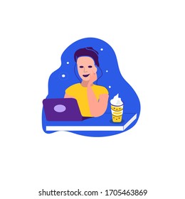 Young adult woman working at home vector concept illustration. Freelancer character working from home with laptop sitting in cozy armchair with a cup of hot tea or coffee. Home office. Remote work