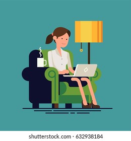 Young adult woman working at home vector concept illustration. Freelancer female character working from home with laptop sitting in cozy armchair with a cup of tea or coffee. Home office. Remote work