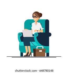 Young adult woman working at home vector concept illustration. Freelancer female character working from home with laptop sitting in cozy armchair with a cup of tea or coffee. Home office. Remote work