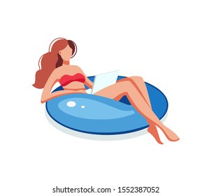 Young adult woman working with laptop. Freelancer female character working swimming inflatable ring. Swimming in the pool, summer trip, work concept cartoon vector illustration