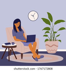Young adult woman works remotely home. Cartoon freelancer with laptop is sitting in chair. Remote work in home office. Vector flat illustration
