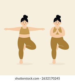 Young adult woman in yoga tree pose, one leg stand, with yellow active wear