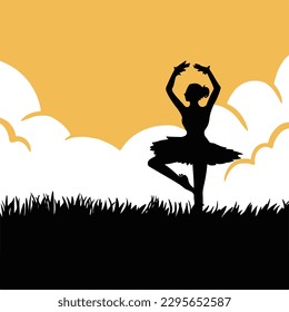Young adult women ballerina with ballet dancing pose vector silhouette isolated on evening orange sky, white clouds, and grass background. Simple flat art styled illustration on square template.