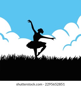 Young adult women ballerina with ballet dancing pose vector silhouette isolated on blue sky, white clouds, and grass background. Simple flat art styled illustration on square template.