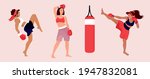 Young adult women in boxing gloves and red shorts. Strong kick. Sport girls fighting SET. Trendy cartoon vector flat illustration for gym or boxing or kickboxing.